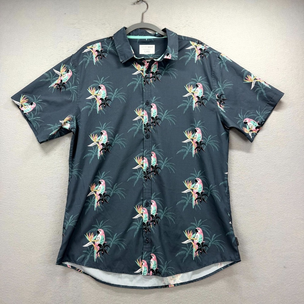 Departwest Performance Shirt Mens XL Teal Tropical Bird Hawaiian Resort Stretch